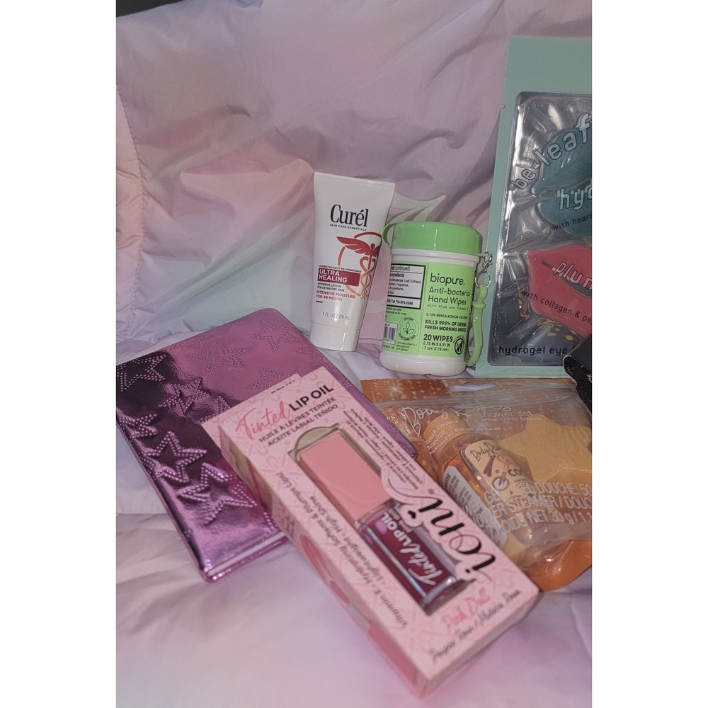 Self Care Bundle Ioni Lip Oil Curel Lotion Bath Poufs Eye Masks Notebook Set - Picture 2 of 4